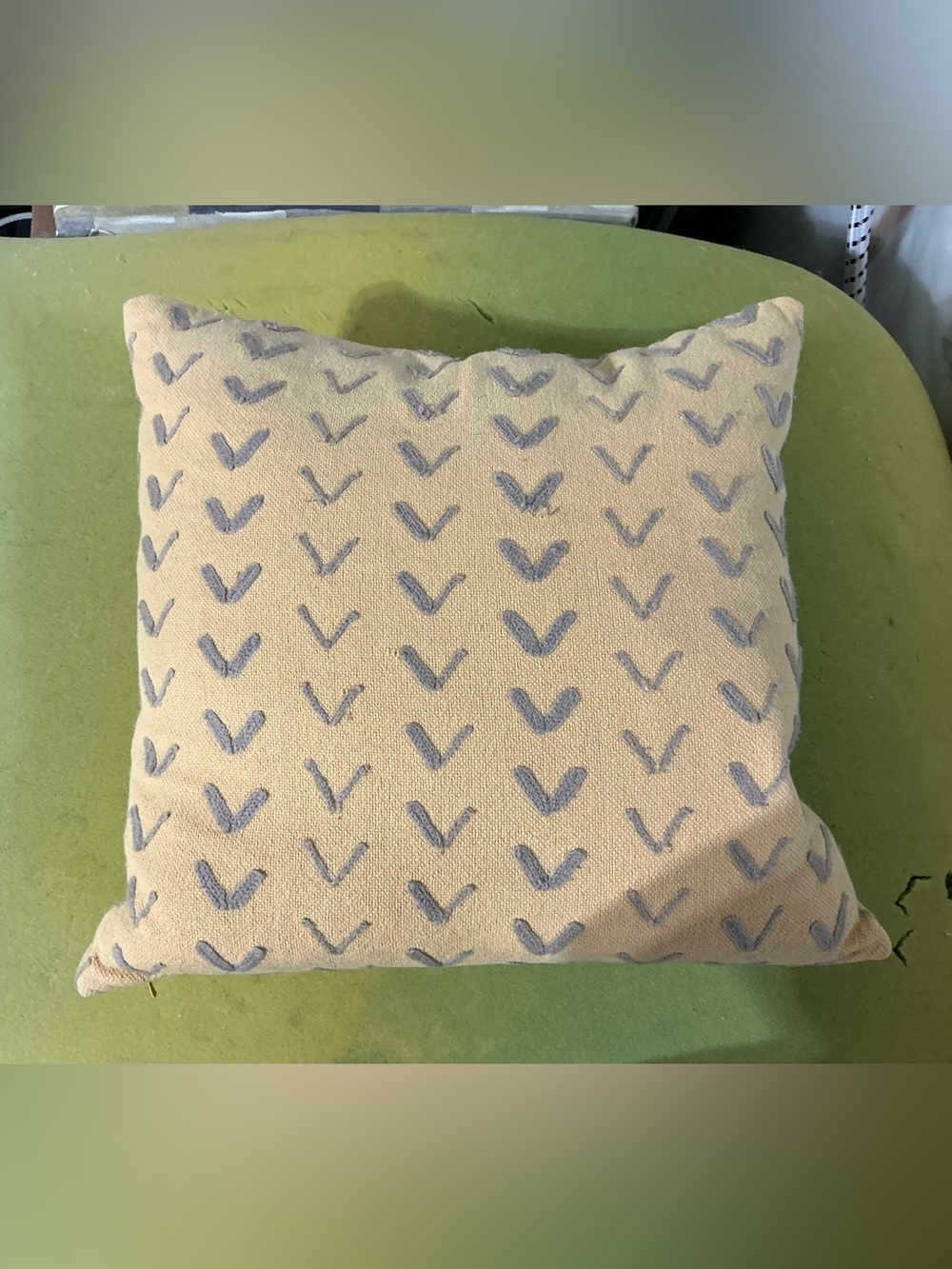 Decorative Cream Throw Pillow with Blue Heart Pattern
